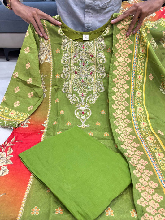 3-piece ready-made kurti set crafted from luxurious Premium Chinon fabric With Full Embroidery Work And Hand Work
