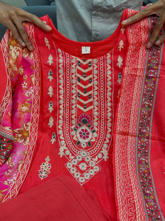 3-piece ready-made kurti set crafted from luxurious Premium Chinon fabric With Full Embroidery Work And Hand Work