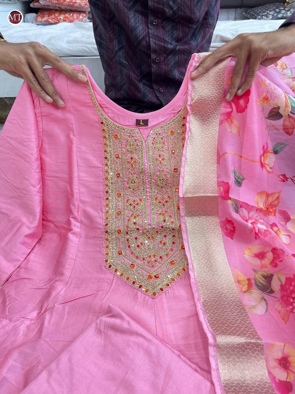 most magnificent banana silk anarkali style suit set