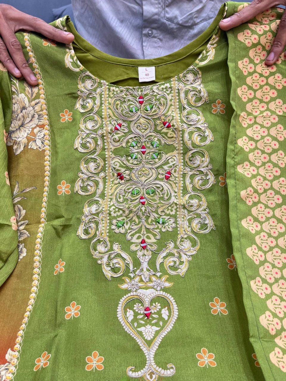 3-piece ready-made kurti set crafted from luxurious premium chinon fabric with full embroidery work and hand work