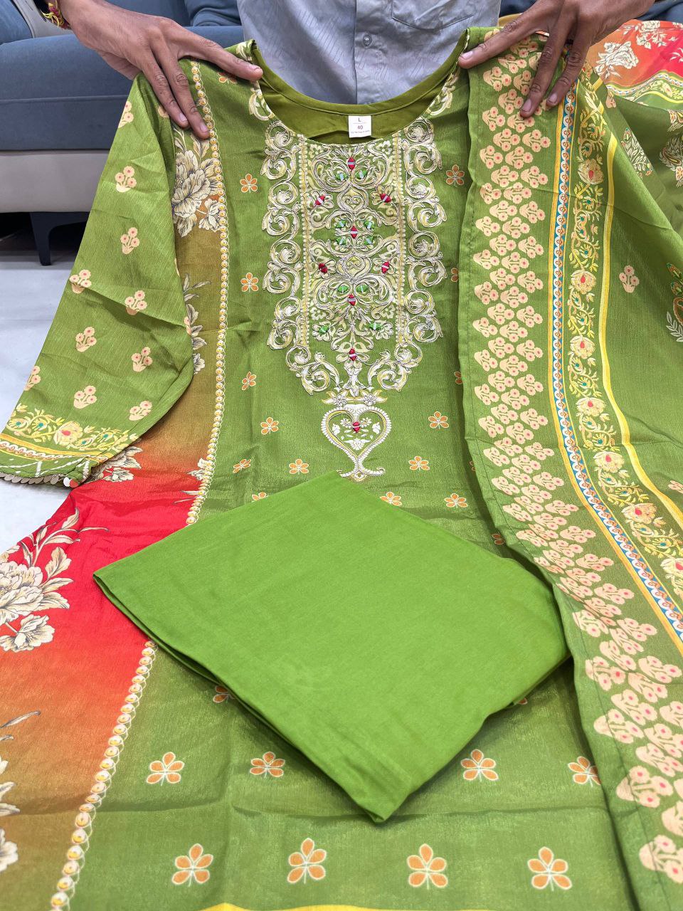 3-piece ready-made kurti set crafted from luxurious premium chinon fabric with full embroidery work and hand work