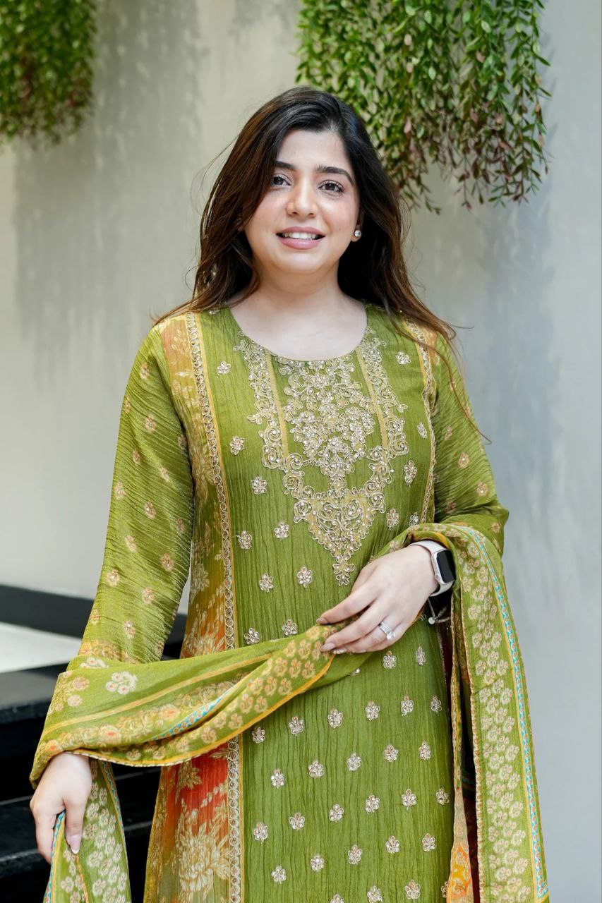 3-piece ready-made kurti set crafted from luxurious premium chinon fabric with full embroidery work and hand work