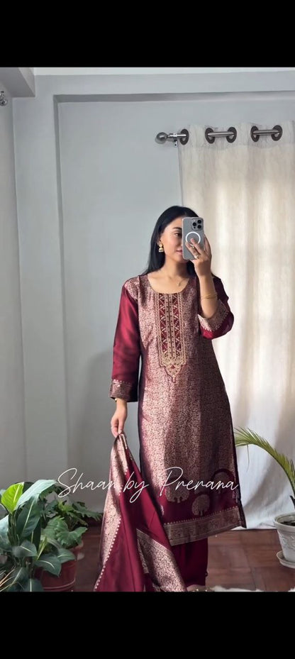 Beautiful Suit Sets in pure Banarasi Suit Set Top pent with duppta with jcard wiving