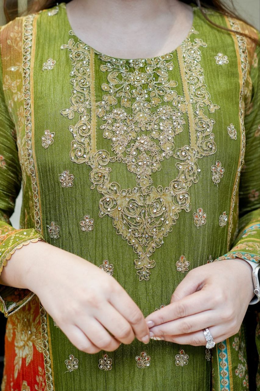 3-piece ready-made kurti set crafted from luxurious premium chinon fabric with full embroidery work and hand work