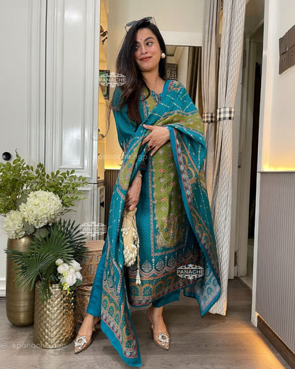 Beautiful 3 PIS Suit Sets in Pure KitKat Silk Top with Full Handwork