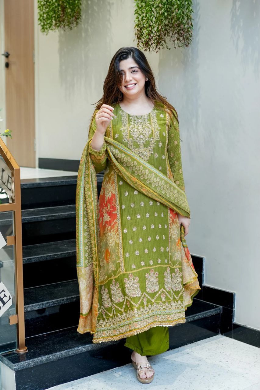 3-piece ready-made kurti set crafted from luxurious premium chinon fabric with full embroidery work and hand work