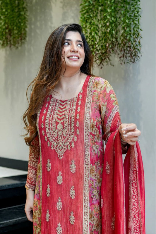 3-piece ready-made kurti set crafted from luxurious Premium Chinon fabric With Full Embroidery Work And Hand Work