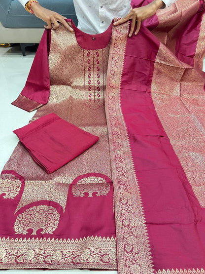 Beautiful Suit Sets in pure Banarasi Suit Set Top pent with duppta with jcard wiving