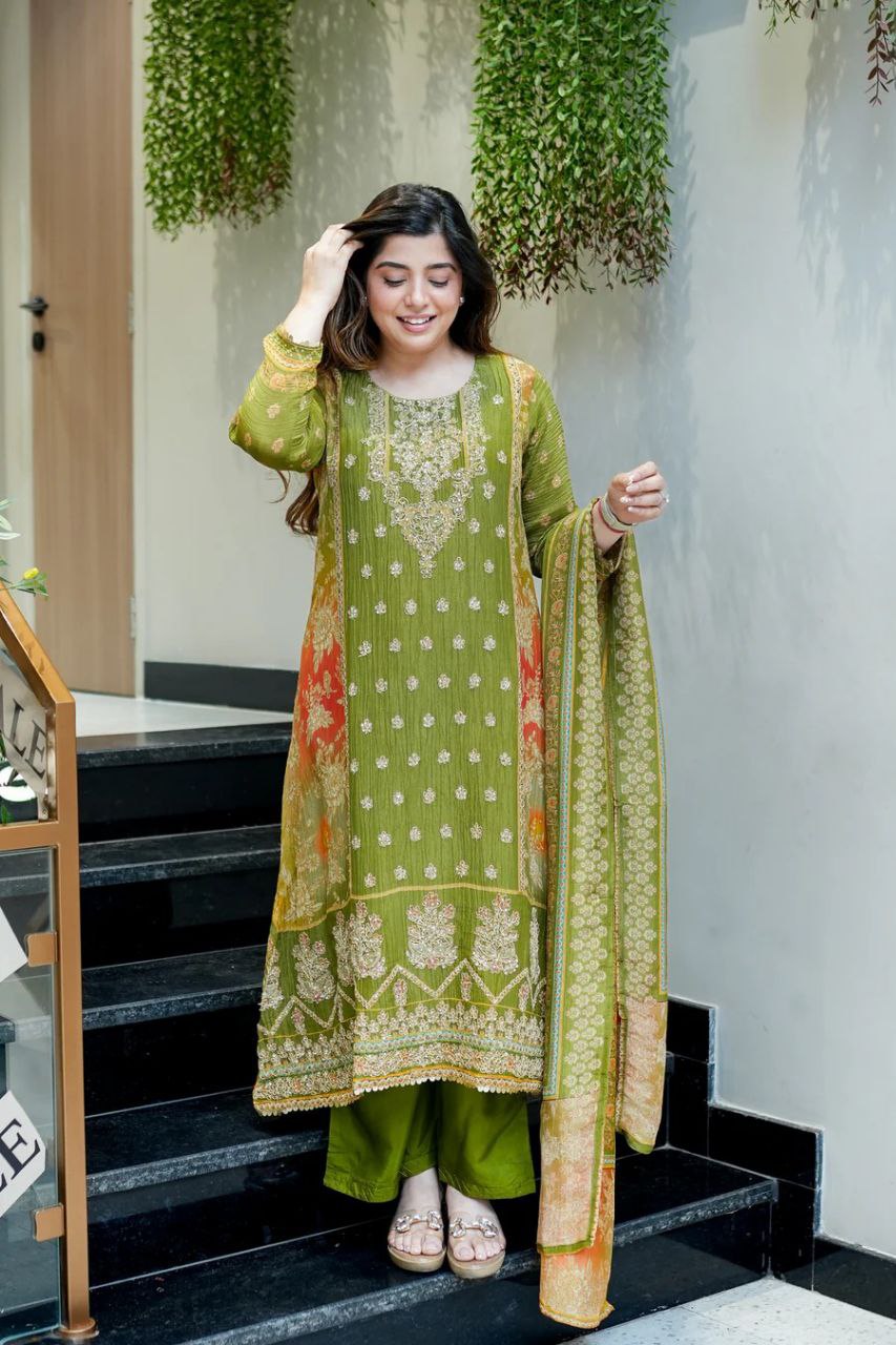 3-piece ready-made kurti set crafted from luxurious premium chinon fabric with full embroidery work and hand work