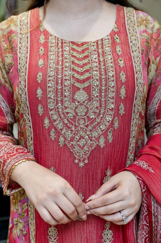 3-piece ready-made kurti set crafted from luxurious Premium Chinon fabric With Full Embroidery Work And Hand Work