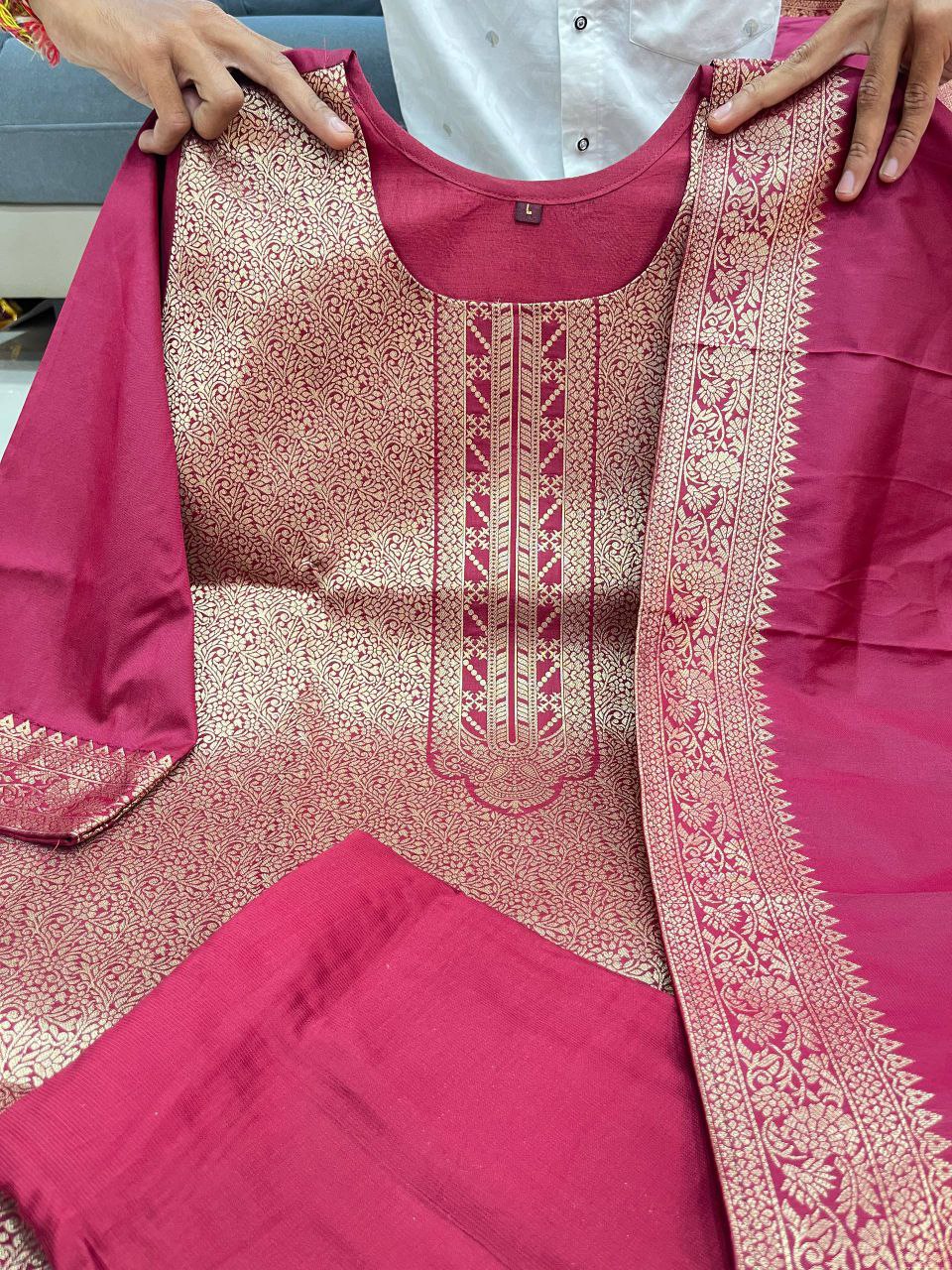 Beautiful Suit Sets in pure Banarasi Suit Set Top pent with duppta with jcard wiving