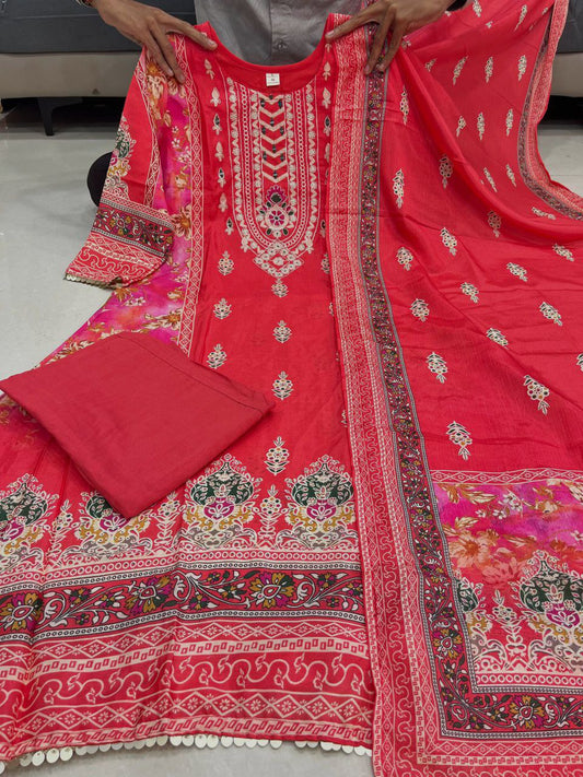 3-piece ready-made kurti set crafted from luxurious Premium Chinon fabric With Full Embroidery Work And Hand Work