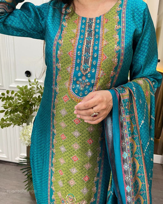 Beautiful 3 PIS Suit Sets in Pure KitKat Silk Top with Full Handwork