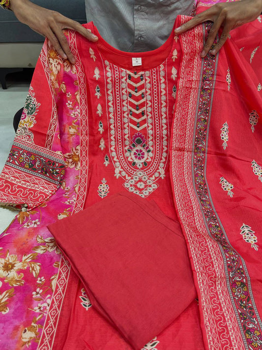 3-piece ready-made kurti set crafted from luxurious Premium Chinon fabric With Full Embroidery Work And Hand Work