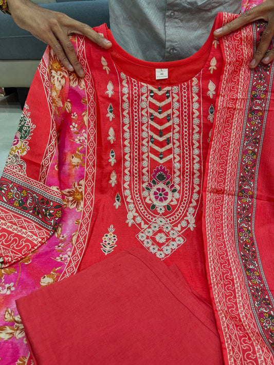 3-piece ready-made kurti set crafted from luxurious Premium Chinon fabric With Full Embroidery Work And Hand Work