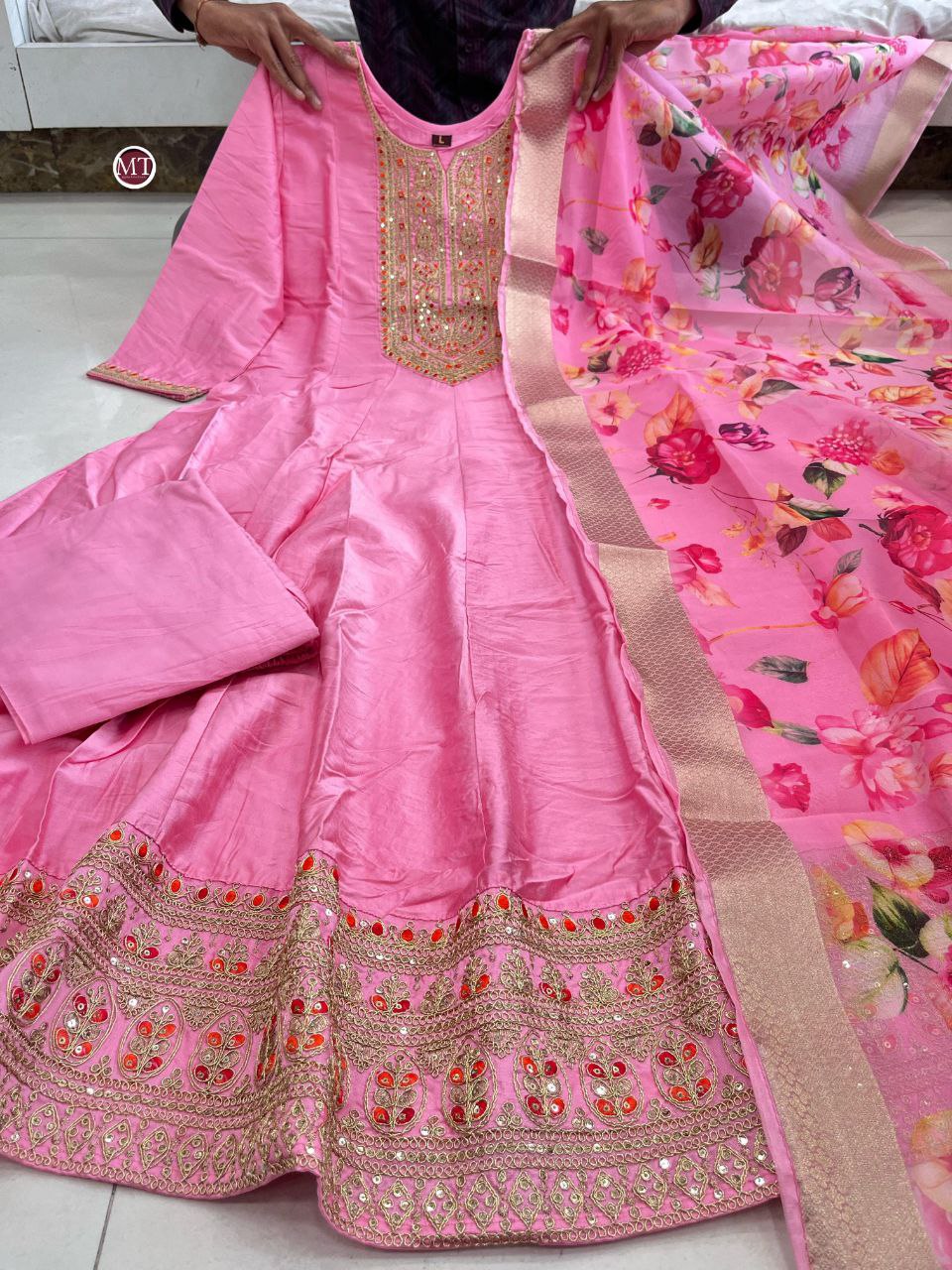 most magnificent banana silk anarkali style suit set