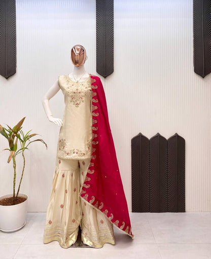 DESIGNER AND ELEGANCE SARARA SUIT IN THREE PIECE WITH SEQUENCE EMBROIDERY WORK