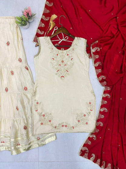 DESIGNER AND ELEGANCE SARARA SUIT IN THREE PIECE WITH SEQUENCE EMBROIDERY WORK