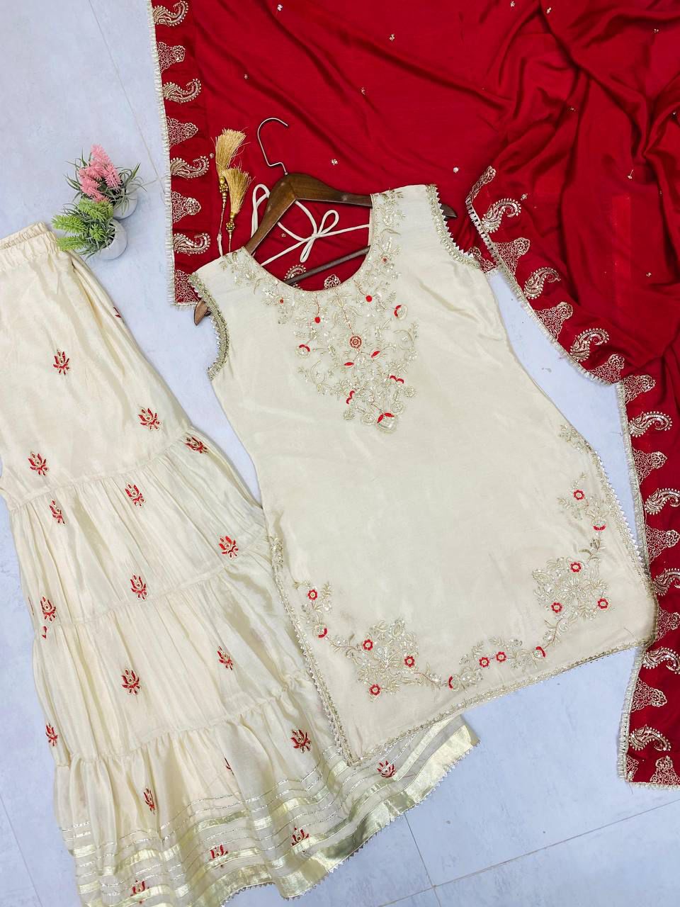 DESIGNER AND ELEGANCE SARARA SUIT IN THREE PIECE WITH SEQUENCE EMBROIDERY WORK