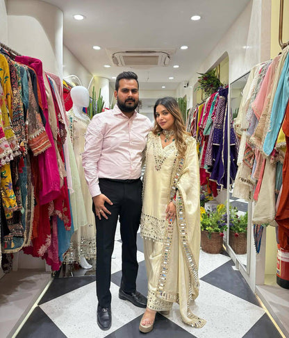 3 PIECE PLAZZO PAIR WITH   DUPATTA IN EMBROIDERY AND REAL MIRROR WORK