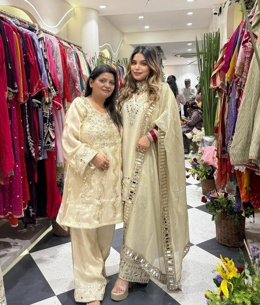 3 PIECE PLAZZO PAIR WITH   DUPATTA IN EMBROIDERY AND REAL MIRROR WORK