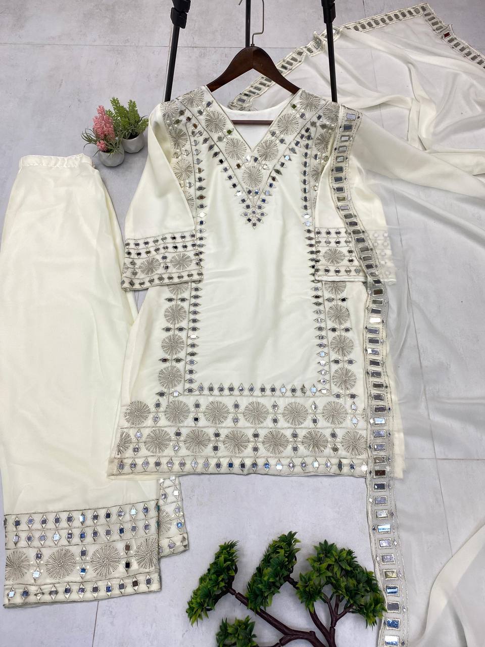 3 PIECE PLAZZO PAIR WITH   DUPATTA IN EMBROIDERY AND REAL MIRROR WORK