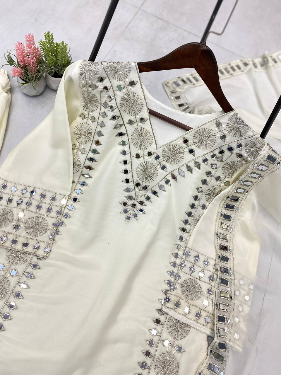 3 PIECE PLAZZO PAIR WITH   DUPATTA IN EMBROIDERY AND REAL MIRROR WORK