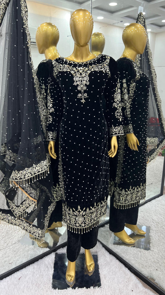 💥Launching New Party Wear Viscose Velvet Designer  Look Top-Dupatta and Fully Stiched Bottom With Heavy Embroidery Siquance Work