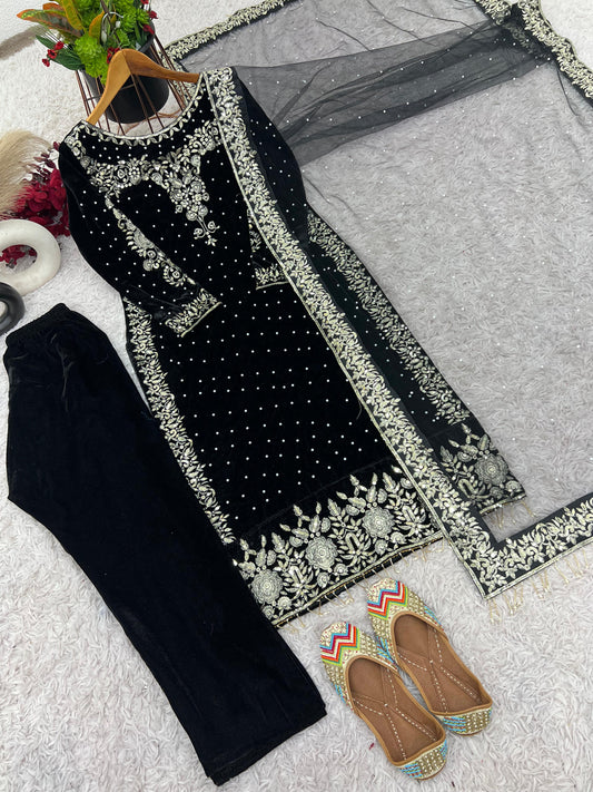 💥Launching New Party Wear Viscose Velvet Designer  Look Top-Dupatta and Fully Stiched Bottom With Heavy Embroidery Siquance Work