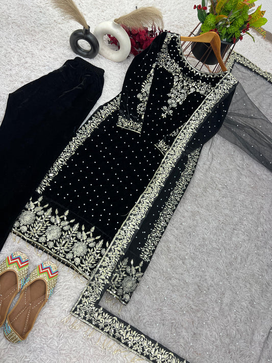 💥Launching New Party Wear Viscose Velvet Designer  Look Top-Dupatta and Fully Stiched Bottom With Heavy Embroidery Siquance Work