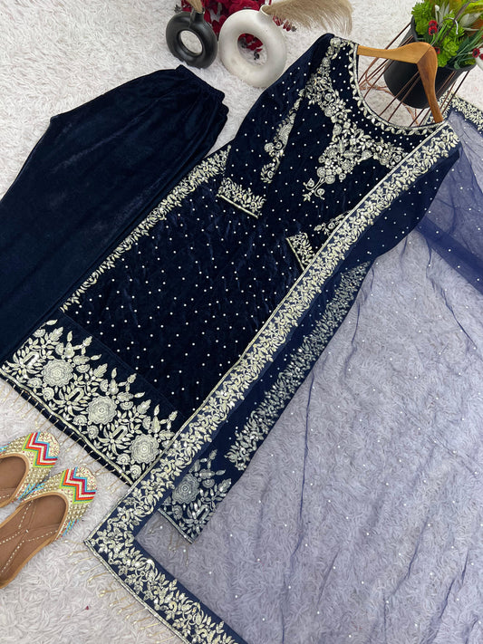 💥Launching New Party Wear Viscose Velvet Designer  Look Top-Dupatta and Fully Stiched Bottom With Heavy Embroidery Siquance Work