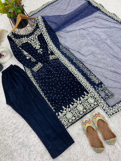 💥Launching New Party Wear Viscose Velvet Designer  Look Top-Dupatta and Fully Stiched Bottom With Heavy Embroidery Siquance Work