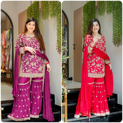 Designer Party Wear Look Top-Plazzo and Dupatta With Heavy Embroidery Work