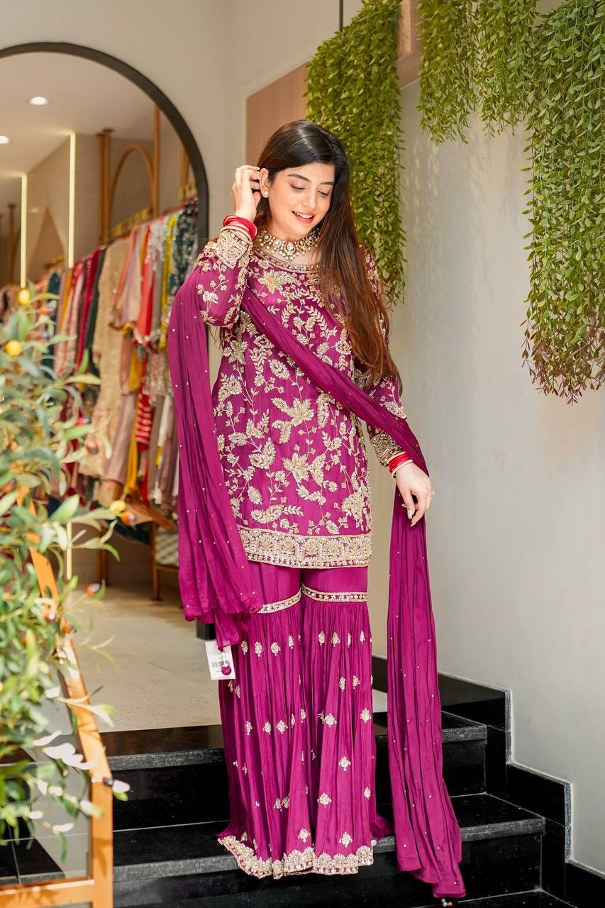 Designer Party Wear Look Top-Plazzo and Dupatta With Heavy Embroidery Work