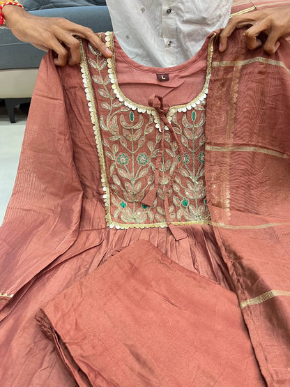 Premium Mul Chanderi Kurti Pant Dupatta Set