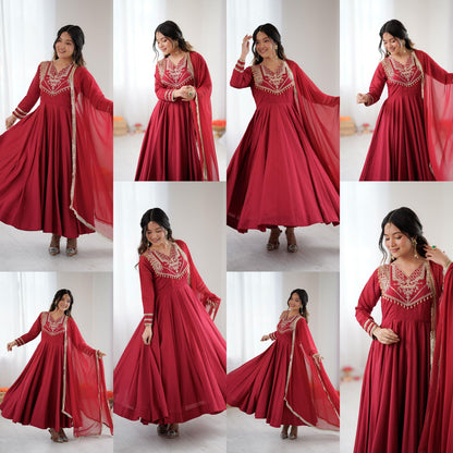 Celebrate Every Special Moment in Style with this Royal Red Ensemble Embellished with Golden Embroidery