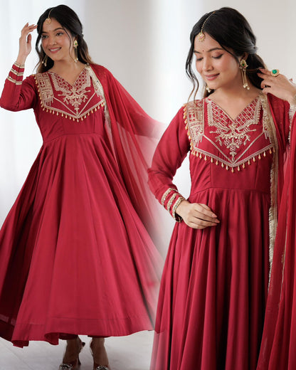 Celebrate Every Special Moment in Style with this Royal Red Ensemble Embellished with Golden Embroidery