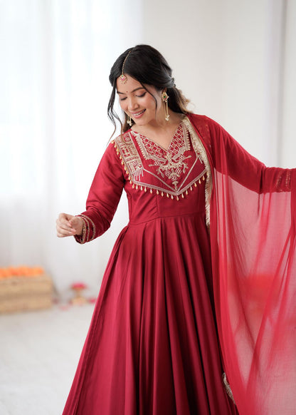 Celebrate Every Special Moment in Style with this Royal Red Ensemble Embellished with Golden Embroidery