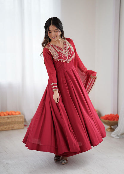 Celebrate Every Special Moment in Style with this Royal Red Ensemble Embellished with Golden Embroidery