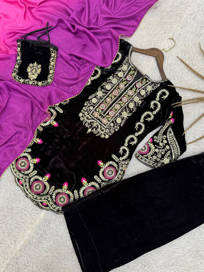 New Winter Collection In Viscous Velvet Top-Farshi Salwar And Dupatta Set Fully Stitched Ready To Wear 🔥