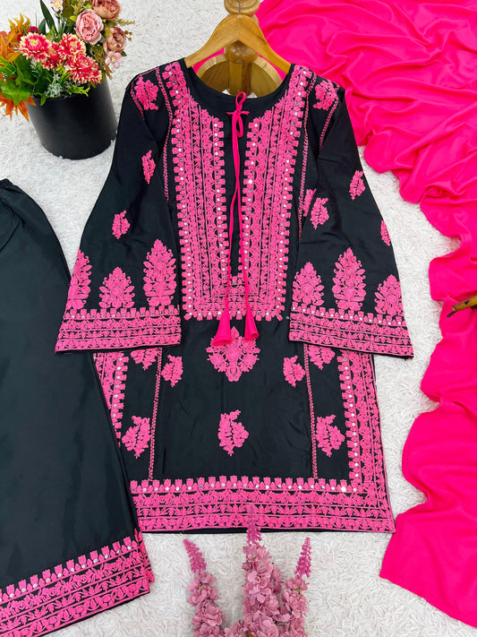 Designer Collection In Natural Crep Silk Top-Bottom And Dupatta Set Fully Stitched Ready To Wear