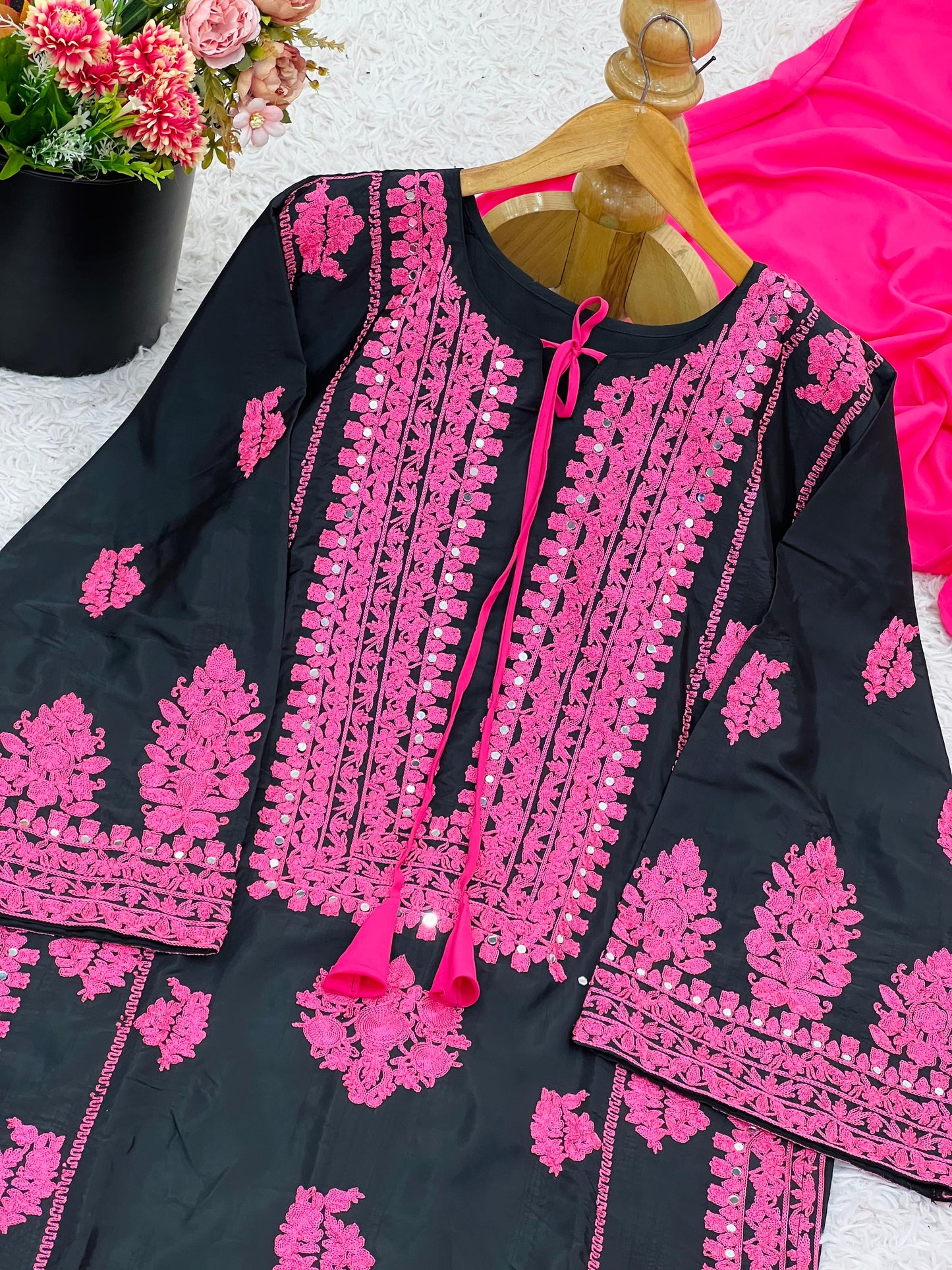 Designer Collection In Natural Crep Silk Top-Bottom And Dupatta Set Fully Stitched Ready To Wear