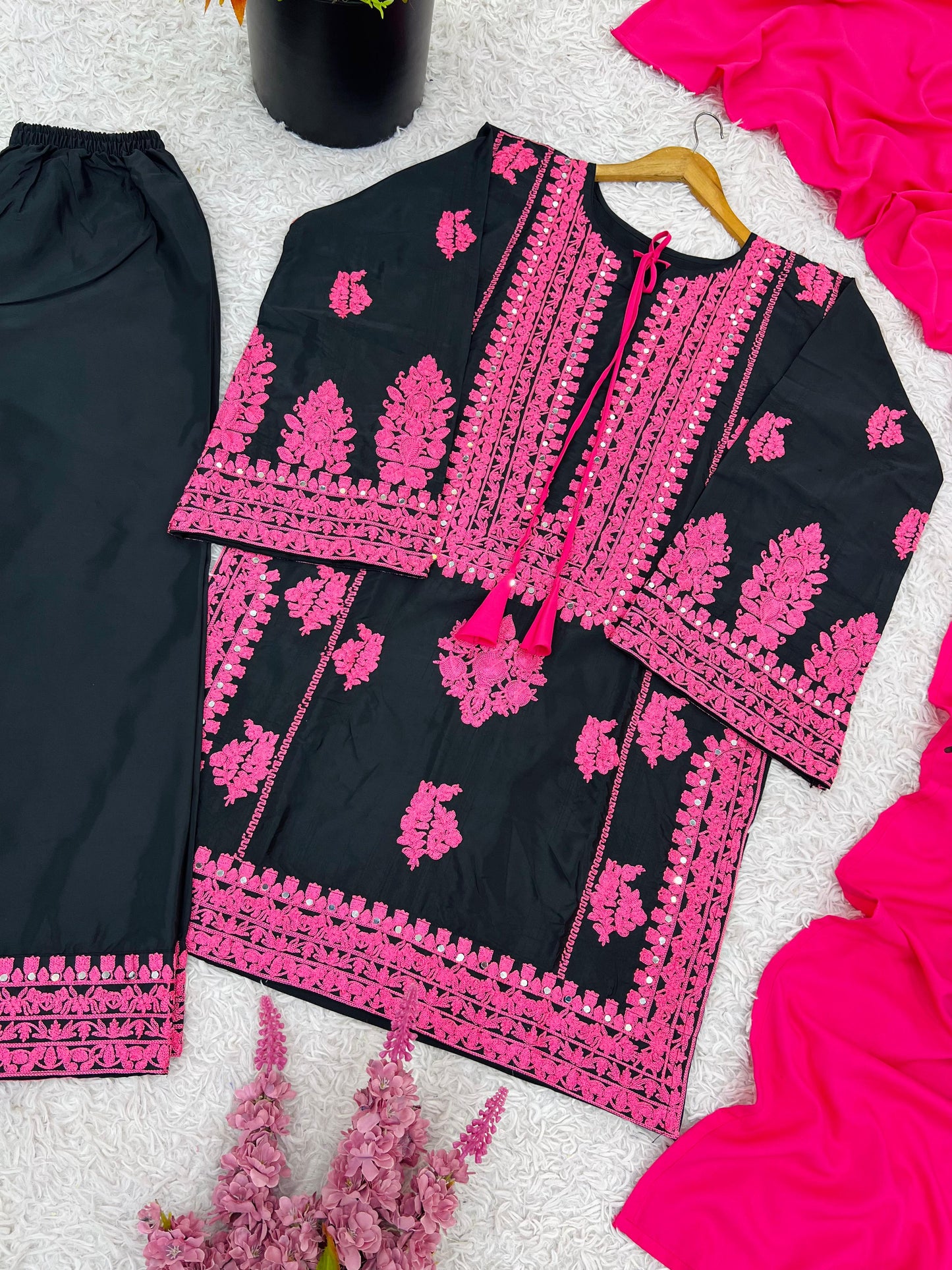 Designer Collection In Natural Crep Silk Top-Bottom And Dupatta Set Fully Stitched Ready To Wear