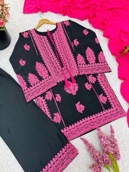 Designer Collection In Natural Crep Silk Top-Bottom And Dupatta Set Fully Stitched Ready To Wear