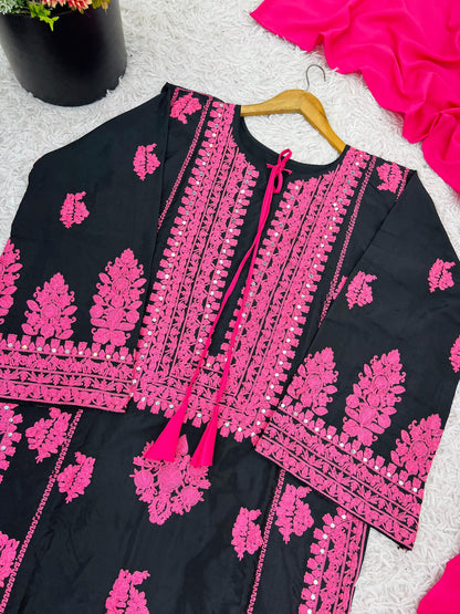 Designer Collection In Natural Crep Silk Top-Bottom And Dupatta Set Fully Stitched Ready To Wear