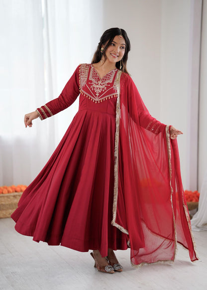 Celebrate Every Special Moment in Style with this Royal Red Ensemble Embellished with Golden Embroidery