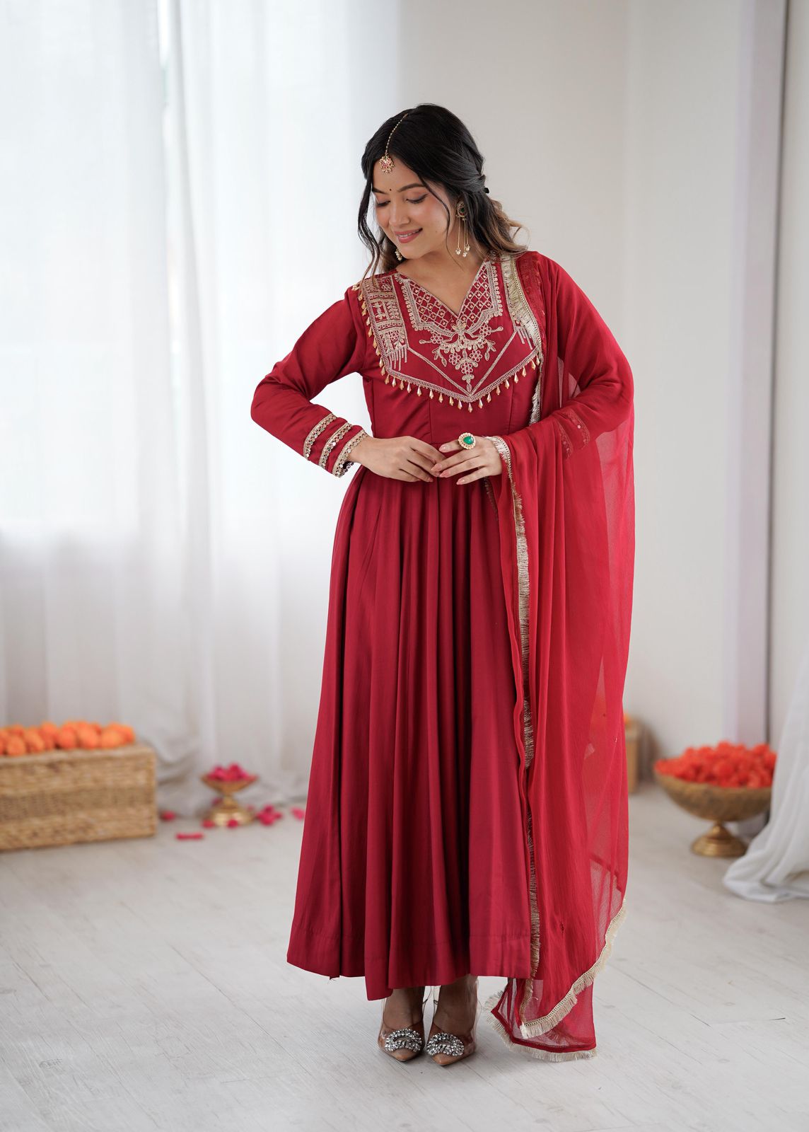 Celebrate Every Special Moment in Style with this Royal Red Ensemble Embellished with Golden Embroidery