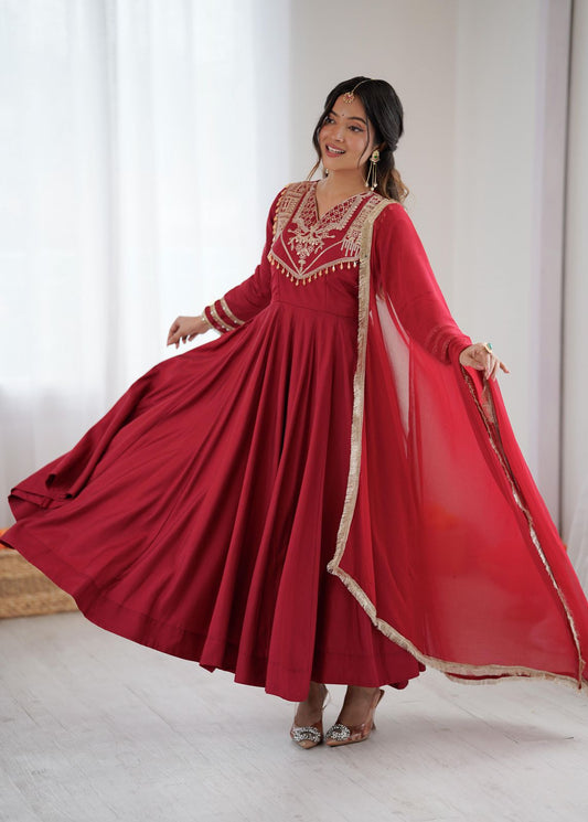 Celebrate Every Special Moment in Style with this Royal Red Ensemble Embellished with Golden Embroidery