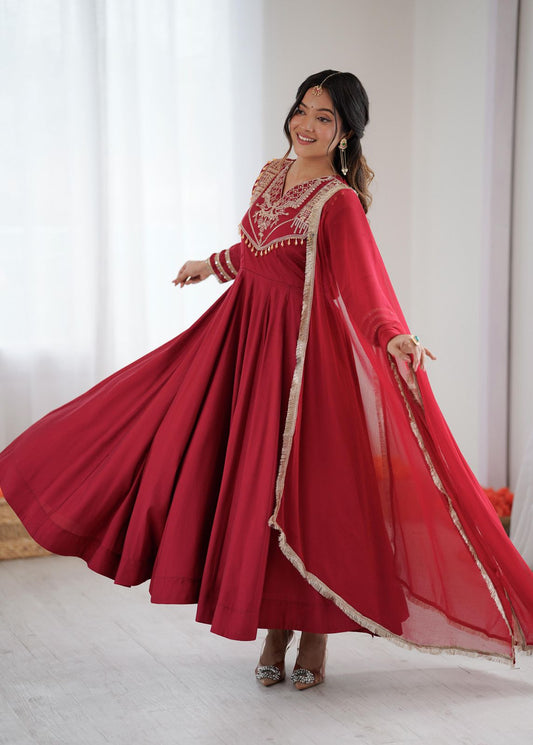Celebrate Every Special Moment in Style with this Royal Red Ensemble Embellished with Golden Embroidery