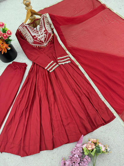 Celebrate Every Special Moment in Style with this Royal Red Ensemble Embellished with Golden Embroidery